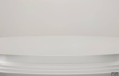 Soyut Lüks Beyaz Özgeçmiş. Boş gümüş Gradyan Odası, Stüdyo, Uzay. Ürünlerinizi göstermek için arka plan olarak kullanılan eğri bir sahne. 3B vektör çizimi.