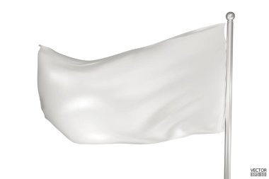 Beyaz arka planda boş beyaz bayrak. Bayrak direğinde rüzgarda sallanan beyaz bir bayrak. Beyaz bayrak şablonu. 3d vektör illüstrasyonu.
