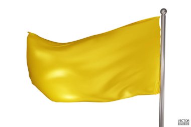 Beyaz arka planda boş sarı bayrak. Bayrak direğinde rüzgarda sallanan sarı bir bayrak. Sarı bayrak şablonu. 3d vektör illüstrasyonu.
