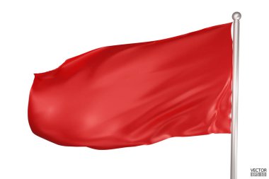 Beyaz arka planda boş kırmızı bayrak. Bayrak direğinde dalgalanan kırmızı bir bayrak. Kırmızı bayrak şablonu. 3d vektör illüstrasyonu.