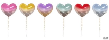 Beyaz arka planda izole edilmiş gerçekçi vektör eğimli kalp balonları seti. Helyum kalp balonları yıldönümü, doğum günü, düğün, parti için ayrılırlar. 3B vektör illüstrasyonu.