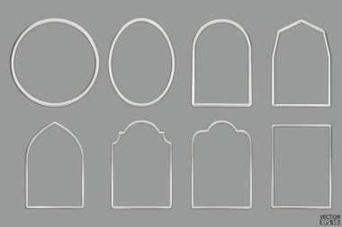 Basit paslanmaz geometrik çerçeveler. Düğün davetiyeleri, lüks şablonlar ve dekoratif desenler için lüks gümüş metalik sınırlar. Çelik sınır tasarımı. 3B vektör illüstrasyonu.