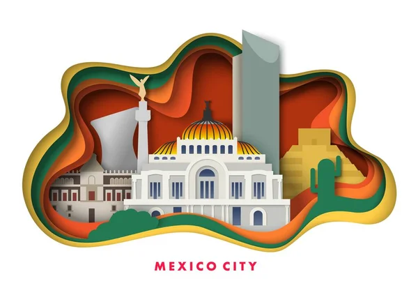 Mexiko Stadt Reiseposter Origami Stil Historische Berühmte Orte Antike Sehenswürdigkeiten — Stockvektor