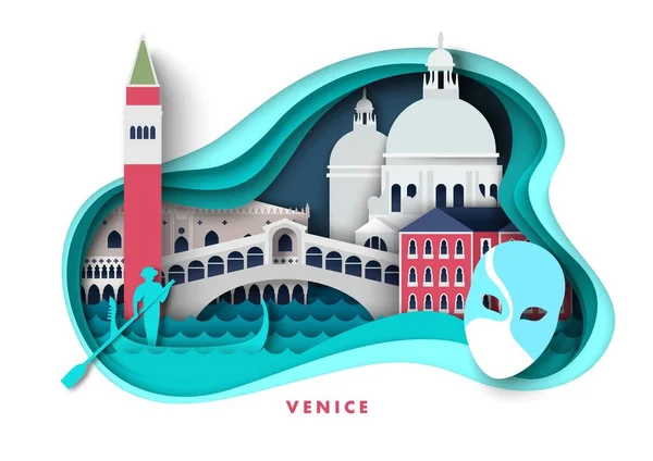 イタリアのヴェネツィアヨーロッパの都市ベクトル イタリアのランドマークの建物や有名な建築イラスト 目的地の折り紙の街のヴェネツィアの場所 観光紙カットポスター — ストックベクタ