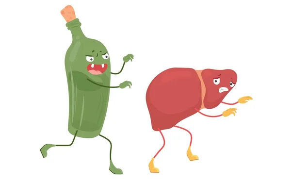 人类肝脏从酒精饮料载体中逃离 与酒精有关的消化系统疾病 不健康的内脏器官和酗酒的坏习惯概念 — 图库矢量图片