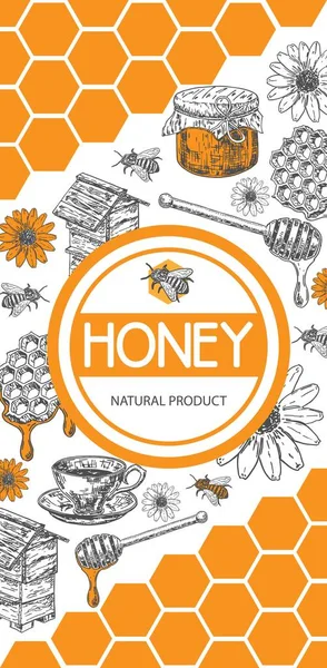 蜂蜜传单病媒 采购产品复古垂直标签设计与各种养蜂产品 蜜蜂和花卉 商界推广养蜂卡 — 图库矢量图片