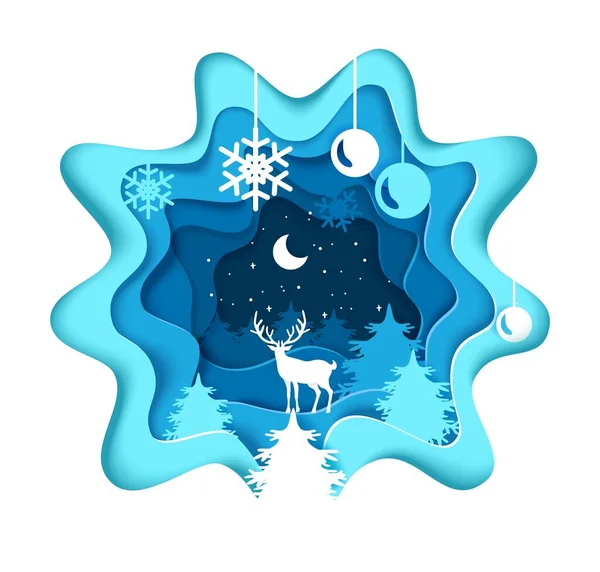 Winter Vector Illustration Reindeer Forest Snow Paper Cut Art Craft — Stock Vector