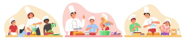キッズクッキングコースベクトルシーンセット シェフのキャラクターは 白い背景に隔離されたレストランキッチンで食べ物を準備する子供たちを教えています 小さな男の子と女の子のための教育クラス料理を愛する — ストックベクタ