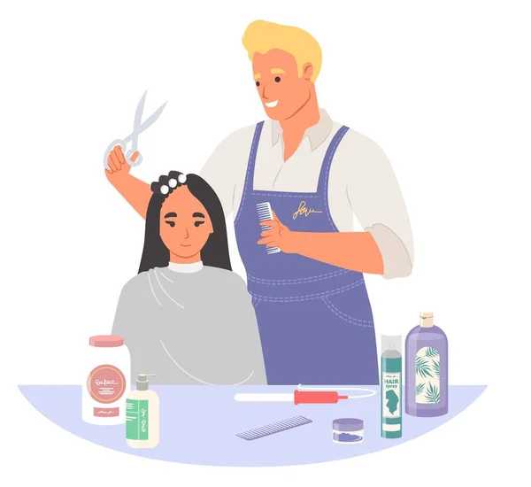 Barber Hair Stylist Making Haircut Woman Client Vector Illustration Barbershop — Stock Vector