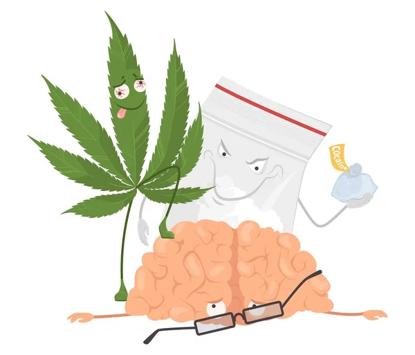 Cannabis Kokainets Effekt Människans Hjärnvektor Dåliga Vanor Illustration Narkotikamissbruk Neurologi — Stock vektor