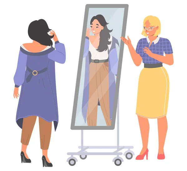 Mode Stylist Arbeitet Mit Client Vektor Weibliche Berater Helfen Frauen — Stockvektor