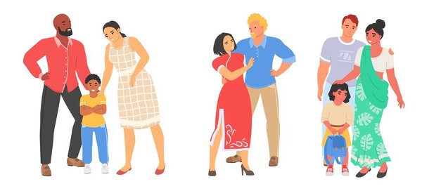 International couple vector. People from different countries loving each other. Man and woman spouse flat cartoon character. Happy multiracial family and lovers concept