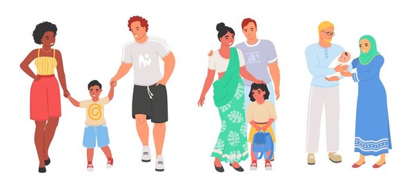 Interracial family couple with children vector set isolated on white background. Happy multiracial man and woman spouse with kids illustration. People pairs relationship in love concept