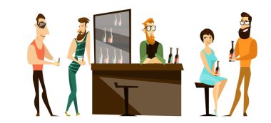 Masa başı vektör illüstrasyonunda bar ziyaretçileri. Erkek ve kadın çift, erkek arkadaşlar alkol içerken barmen müşterilere kokteyl servisi yapıyor. İnsanlar işten sonra dinlenir, flört eder ve eğlenirler.
