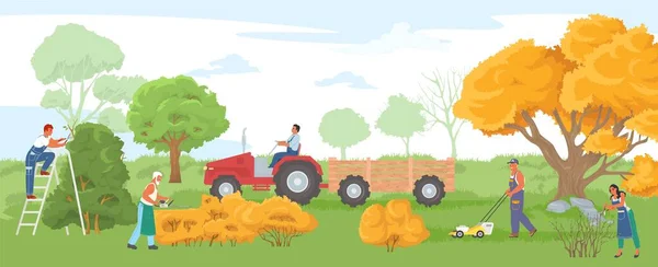 Farmer Arbeiten Der Landwirtschaftlichen Feldvektorillustration Die Menschen Ernten Gärtnern Mähen — Stockvektor