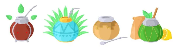 Mate Tee Getränk Vektor Isoliert Cartoon Set Illustration Argentinischer Fruchtkrautgetränke — Stockvektor