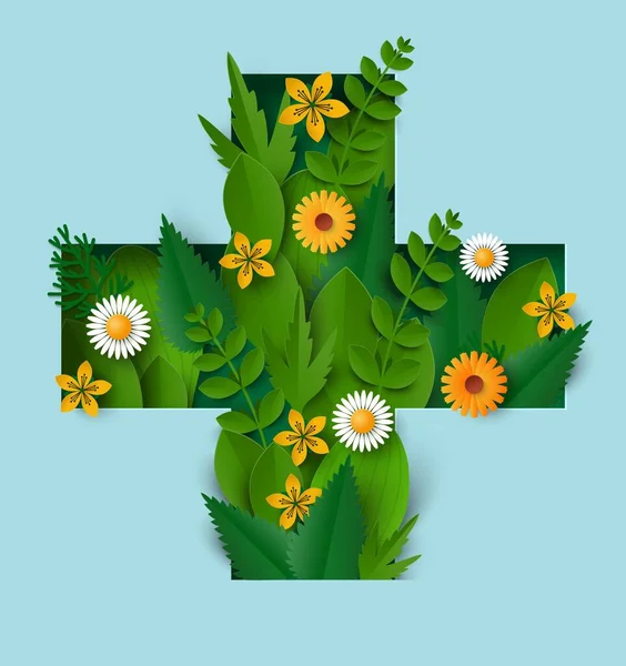 Логотип Медицины Аптеки Векторный Медицинский Крест Зелеными Растениями Украшения Знак — стоковый вектор
