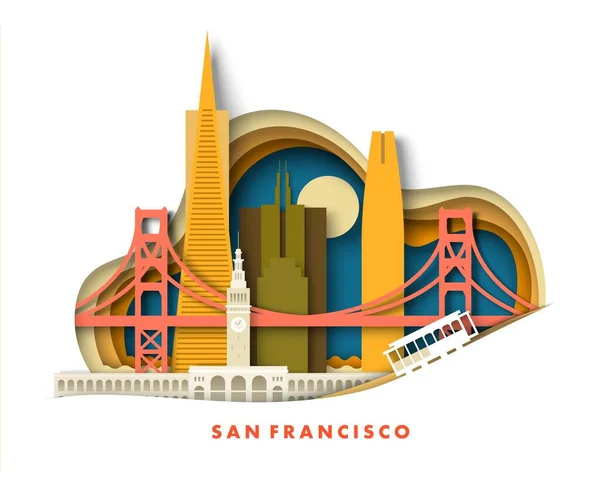 米国のサンフランシスコ市は 紙カットクラフトアート折り紙スタイルで風景ベクトルイラストを旅行します 有名な超高層ビルの塔建築と橋のランドマークのパノラマ — ストックベクタ