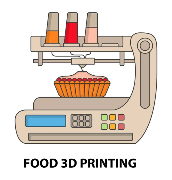食品3Dプリント技術ベクトル図 3Dプリンタで分離されたデザインで甘いパイケーキデザートプロトタイピング 健康的な食事の作成のための革新的な建設バイオテクノロジー — ストックベクタ