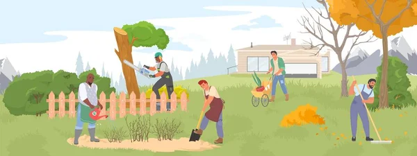 Persone Contadino Lavoro Giardino Vettoriale Illustrazione Giardinaggio Uomo Donna Che — Vettoriale Stock