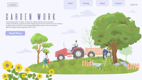 Wektor Pracy Ogrodzie Rolnik Pracujący Nad Rolniczymi Postaciami Kreskówek Ilustracja — Wektor stockowy
