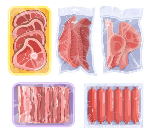 Vakuum Nahrungsmittelvektor Fleisch Geflügel Und Meeresfrüchte Set Auf Plastikschalen Mit — Stockvektor