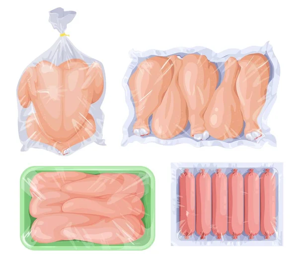 真空家禽肉食病媒图解 套用聚乙烯厨房沙兰膜超市产品包裹的新鲜生鸡胸肉 — 图库矢量图片