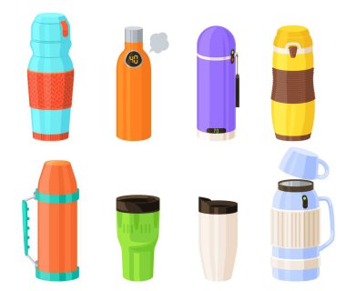 Termos karikatür vektörü. Isı kabı izole edildi. Sıcak kahve, sıcak çay ve su çizimi için yeniden kullanılabilir matara. Plastik ve süpürgesiz paslanmaz çelik şişe.