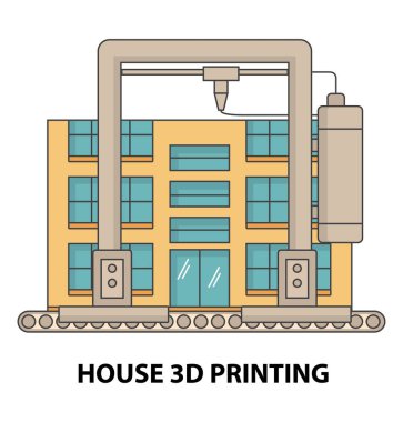 Ev 3D düz vektör çizimi. 3D yazıcı makinesinde ev yapımı model yapımı. Printshop teknoloji ekipmanı çalışma akışı