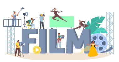 Film production vector. Cinema illustration. Cartoon people in the studio making movie video. Filmmaking online course or cinematography festival award ceremony concept clipart