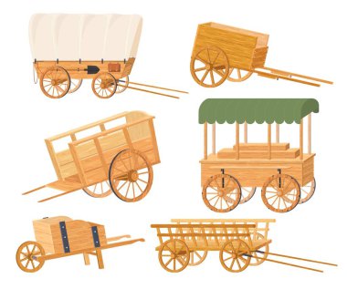 Wooden carts and wheelbarrow isolated vector set. Vintage wood farming or garden vehicles, old wildwest chariot, traditional cargo cartwheel illustration clipart
