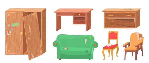 Alte Möbel Kaputtes Zimmer Sofa Stuhl Und Sessel Mit Abgerissener — Stockvektor