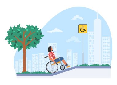 Tekerlekli sandalyedeki genç kadın sokak vektör çizimi yapıyor. Fiziksel engelli insanlar için engelsiz bir ortam. Özel ihtiyaçları olan insanlar için iyi donanımlı park alanı