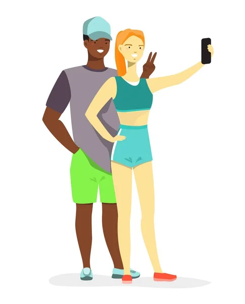 Glad Multietniskt Par Selfie Foto Mobiltelefon Kamera Vektor Illustration Ung — Stock vektor
