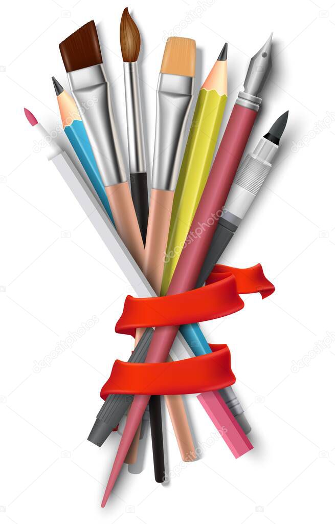 Paint brushes art set vector. Paintbrush, pen, pencil tool for drawing and sketching 3d realistic illustration. Craft supplies icon logo for art gallery or creative workroom studio