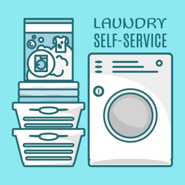 Çamaşır self servis düz vektör pankart şablonu. Çamaşır tozu, otomatik çamaşır makinesi, katlanmış temiz çarşaf çizimi