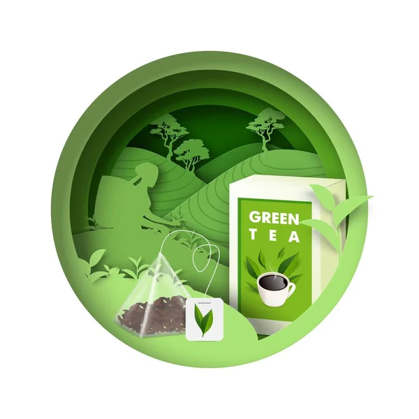 Green Tea Advertising Vector Icon Brand Design Paper Cut Illustration — Stockový vektor