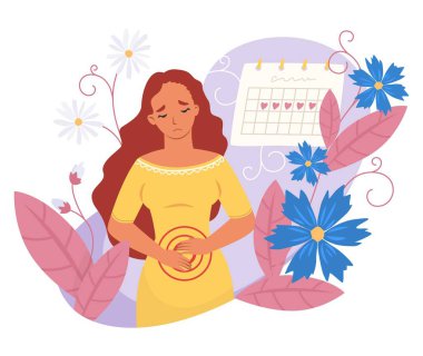 Woman having period pain flat vector illustration. Cartoon female suffering from stomachache and premenstrual syndrome. PMS, menstruation calendar and feminine hygiene concept clipart
