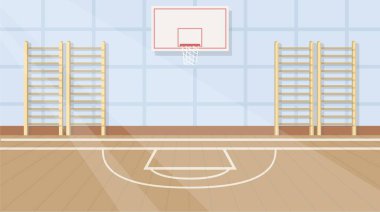 School gym vector interior. Basketball net basket, swedish wall and sport court for playing game at lesson. Workout area for schoolchildren illustration