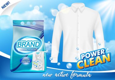 Washing powder vector ads. Cleaner for dirty linen with new active oxygen formula advertisement. Package box cover with realistic design for brand promotion