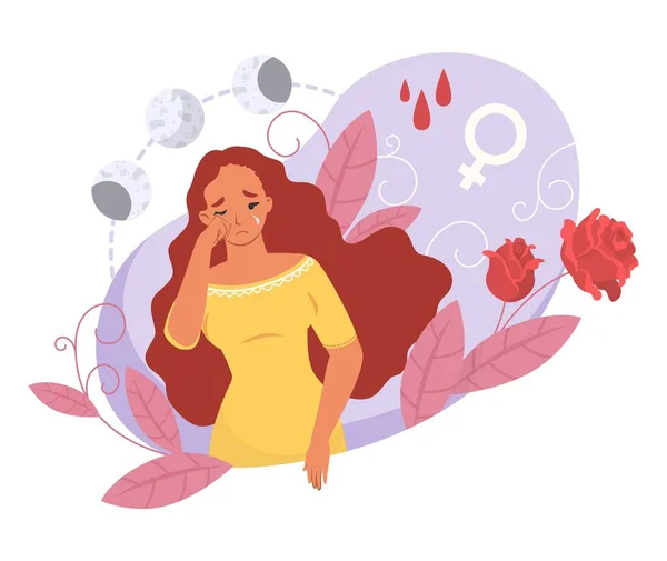 月経前症候群の問題ベクトルイラストを持つ泣く女性 うつ病やPms症状に苦しんで感情的なストレスを持っている女の子 婦人科衛生の概念 — ストックベクタ