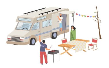 People enjoy auto camping flat vector illustration. Friends having outdoor barbeque picnic during car trip adventure