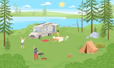 Friends at campsite vector. People outdoors picnic at campsite on nature. Man and woman trailer camper rest on river bank in forest. Traveling in weekend activity illustration