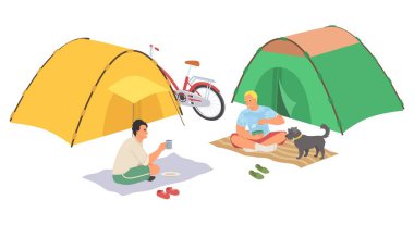 Male friends rest enjoying vacation camping vector illustration isolated on white background. People sitting near tent eating and talking together