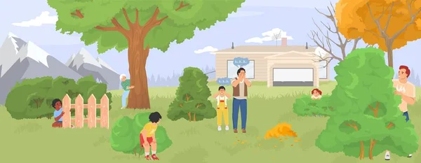 子供や親が隠れてプレイし 庭のベクトルイラストでゲームを求める 幸せな家族の時間を一緒に見て 外を見て お互いを検索する — ストックベクタ