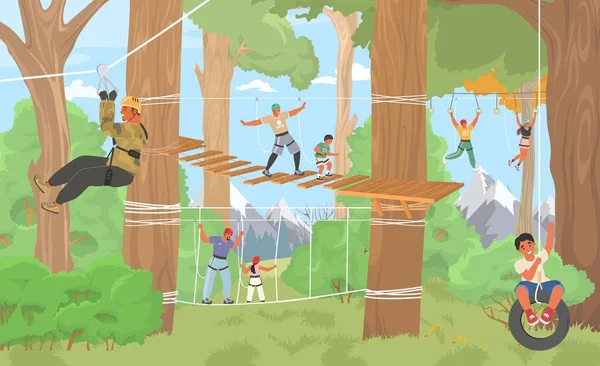 ロープアドベンチャーパークフラットベクトルイラスト 幸せな大人の人々や子供たちが木に登り 障害を克服することは屋外で極端なレクリエーション時間を楽しむ — ストックベクタ
