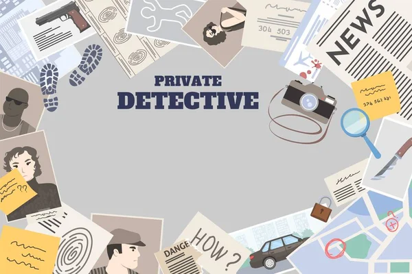 Private Detective Service Vector Photo Camera Notes Sticker Newspaper Article — Stok Vektör