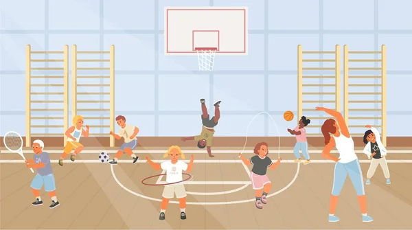 Cartoon children at school sport gym vector illustration. Sportive activity leisure games indoors. Teacher training with kids, boys and girls doing physical exercises, kicking ball, jumping on rope