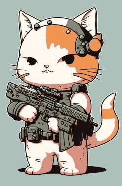 Cute army cat with assault rifle vector illustration. Serious kitten warrior holding gun. Domestic animal soldier sticker. Funny pet with firearm in paw design