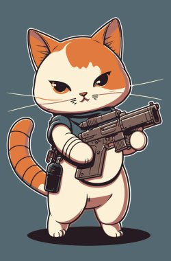 Military cat cartoon animal with rifle vector. Isolated army kitten holding gun illustration. Armed purebred feline portrait